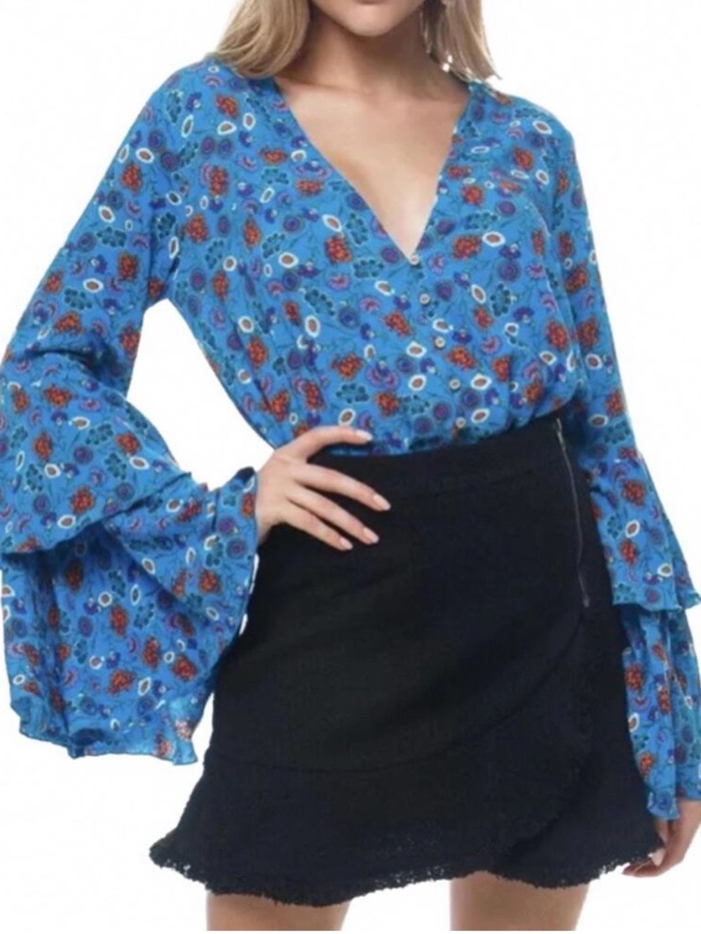 Free People Blue Floral V-Neck Bell Sleeve Blouse